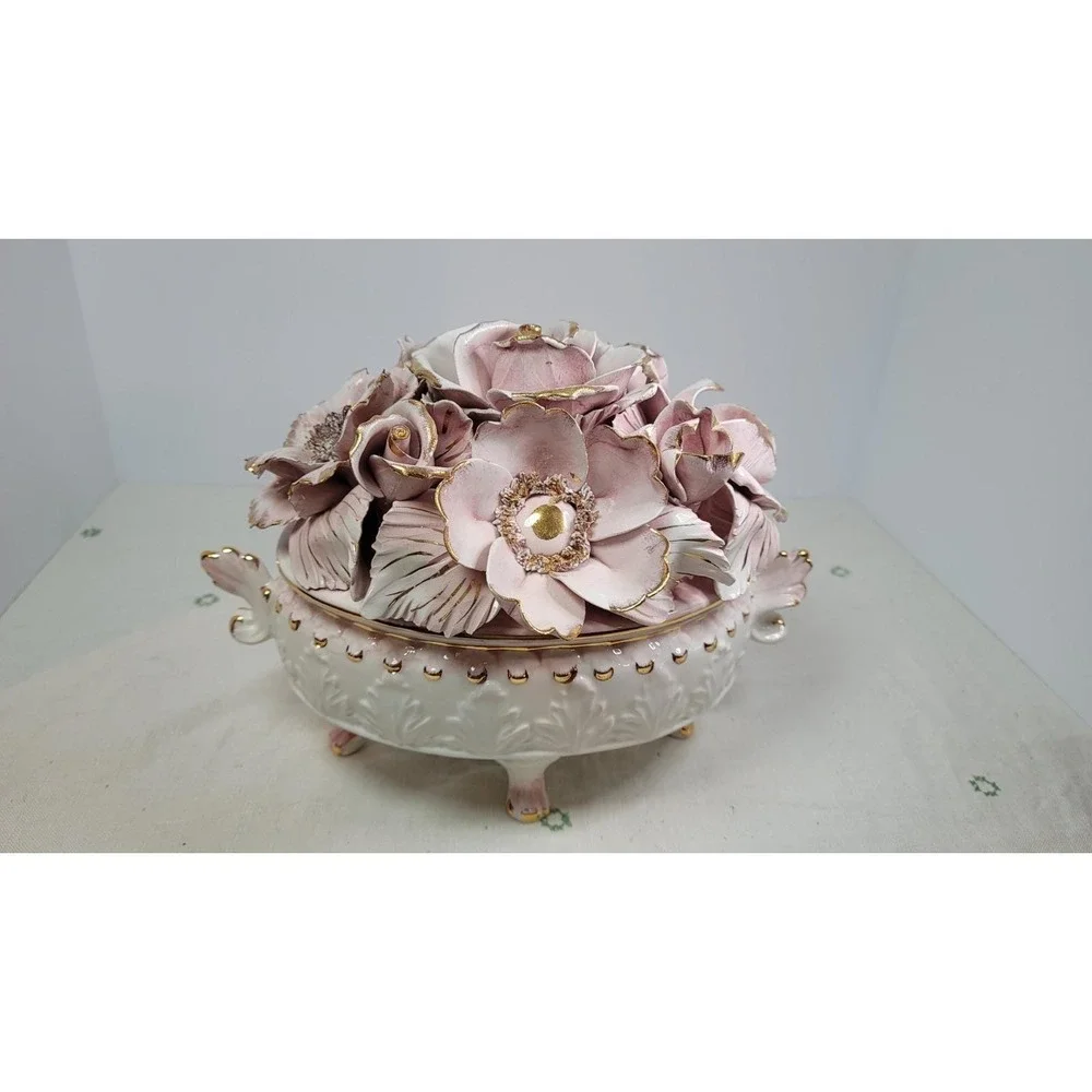 Vintage Capodimonte Floral Centerpiece  Made In Italy‎ Rare Gold Rose ~11x8x8